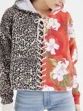Urban Outfitters Mixed-Print Red Floral & Leopard Lace-Up Hoodie, Sz XS P2P 26”